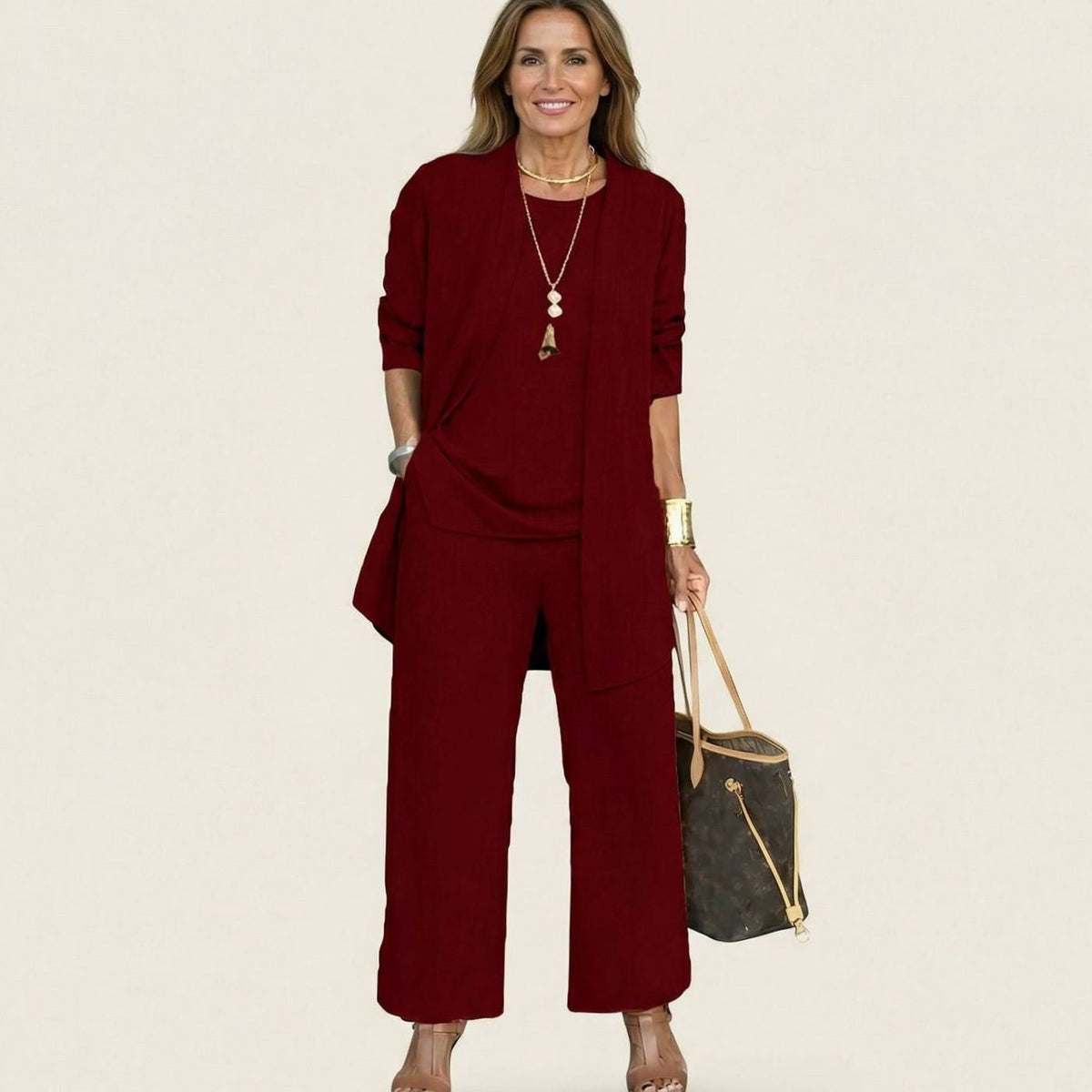 Women's Monochromatic Three-Piece Wide-Leg Trouser Co-ord Set - Wine Red