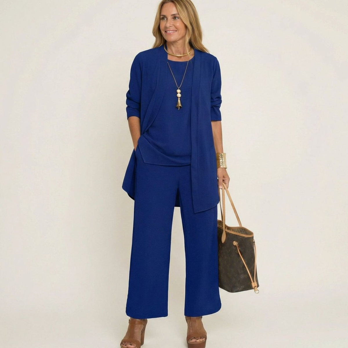 Women's Monochromatic Three-Piece Wide-Leg Trouser Co-ord Set - Blue