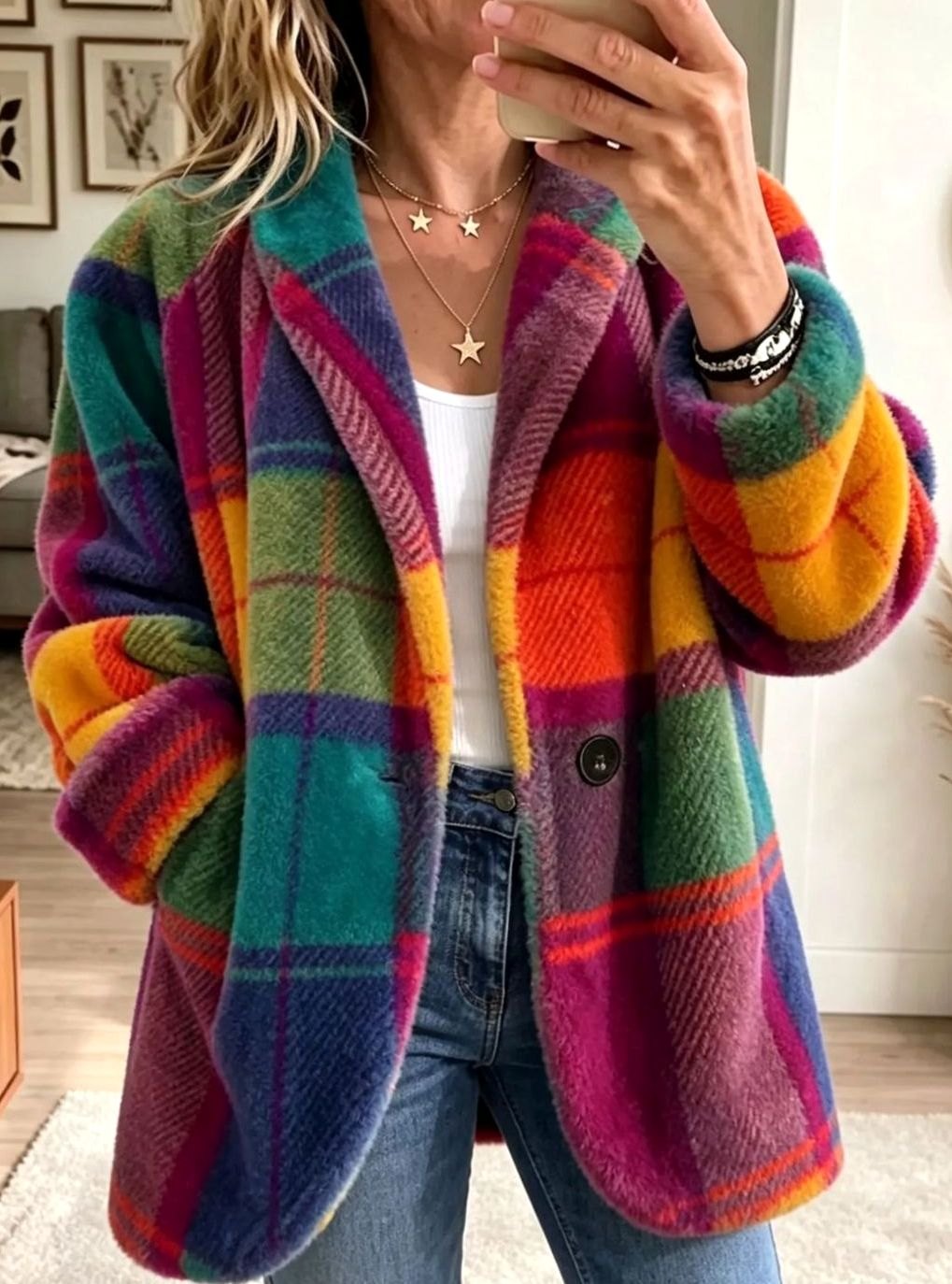 Women's Multicolour Plaid Fleece Button-Up Coat - Rainbow