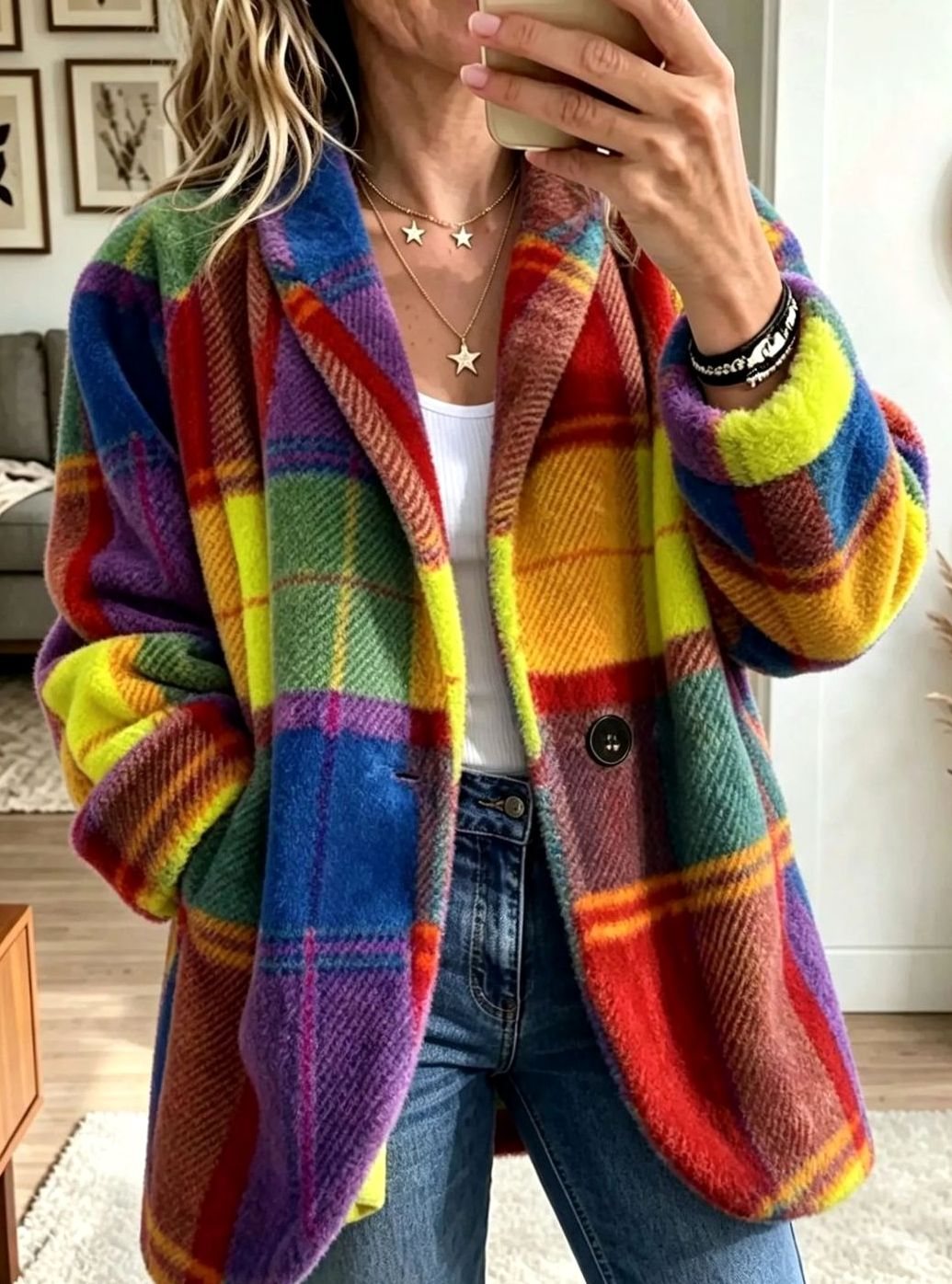 Women's Multicolour Plaid Fleece Button-Up Coat - Sun