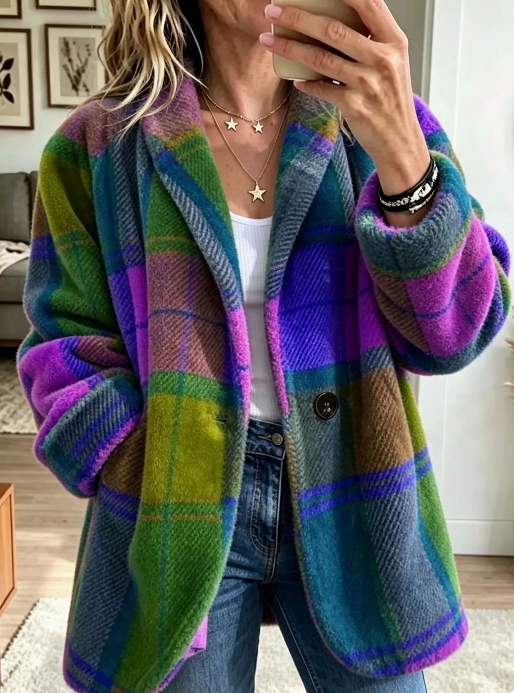 Women's Multicolour Plaid Fleece Button-Up Coat - Neptune