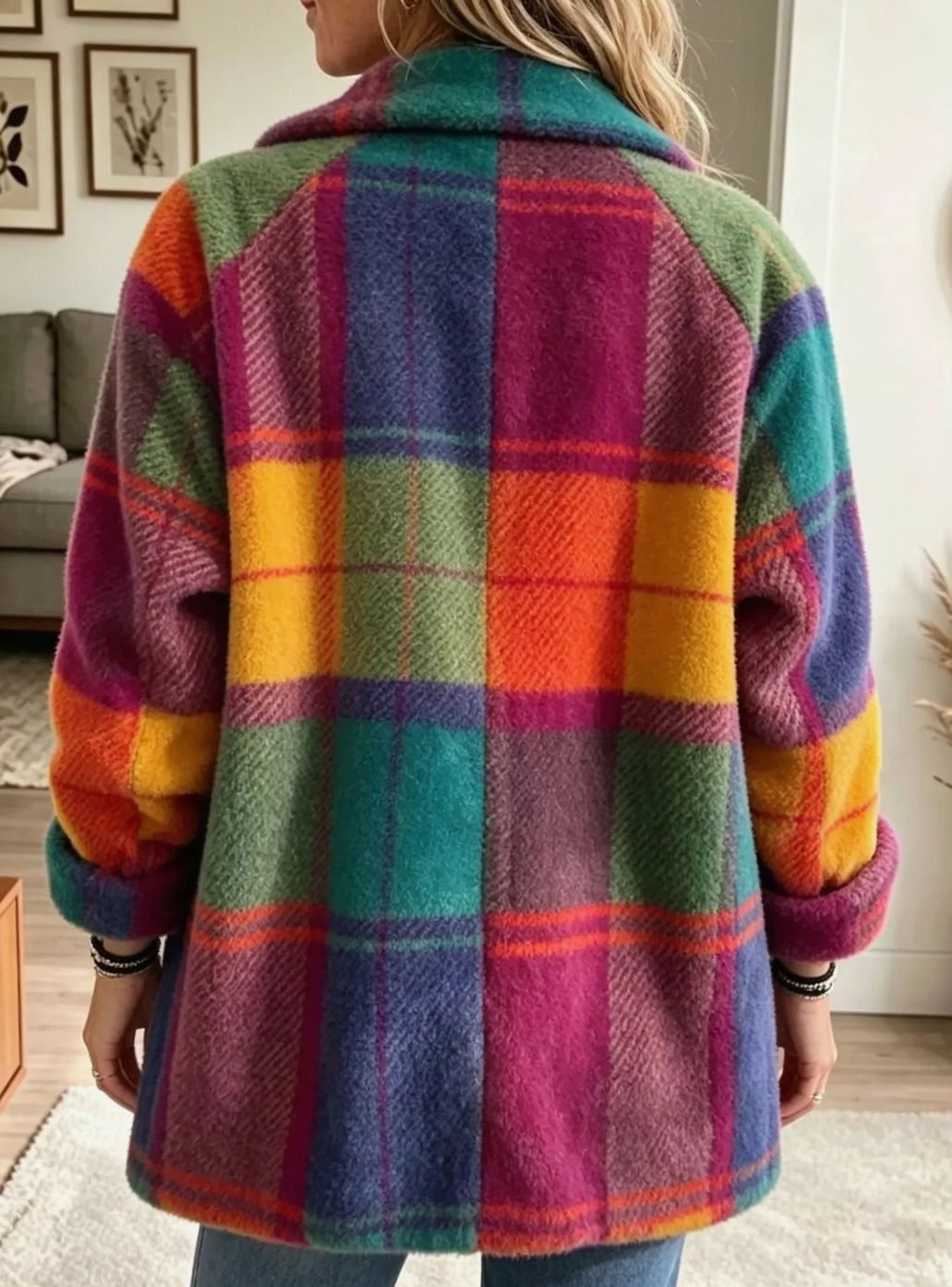 Women's Multicolour Plaid Fleece Button-Up Coat