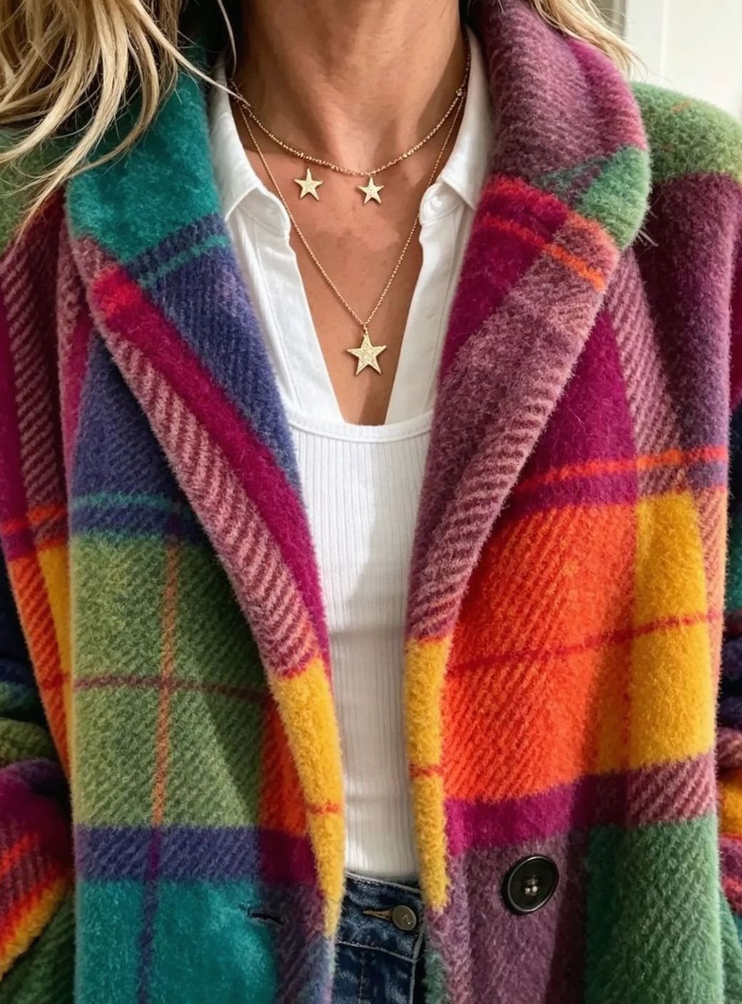 Women's Multicolour Plaid Fleece Button-Up Coat