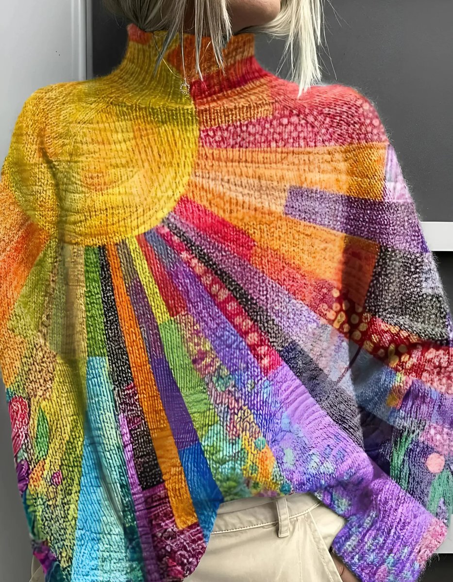 Women's Multicolour Rainbow Turtleneck Knit Sweater