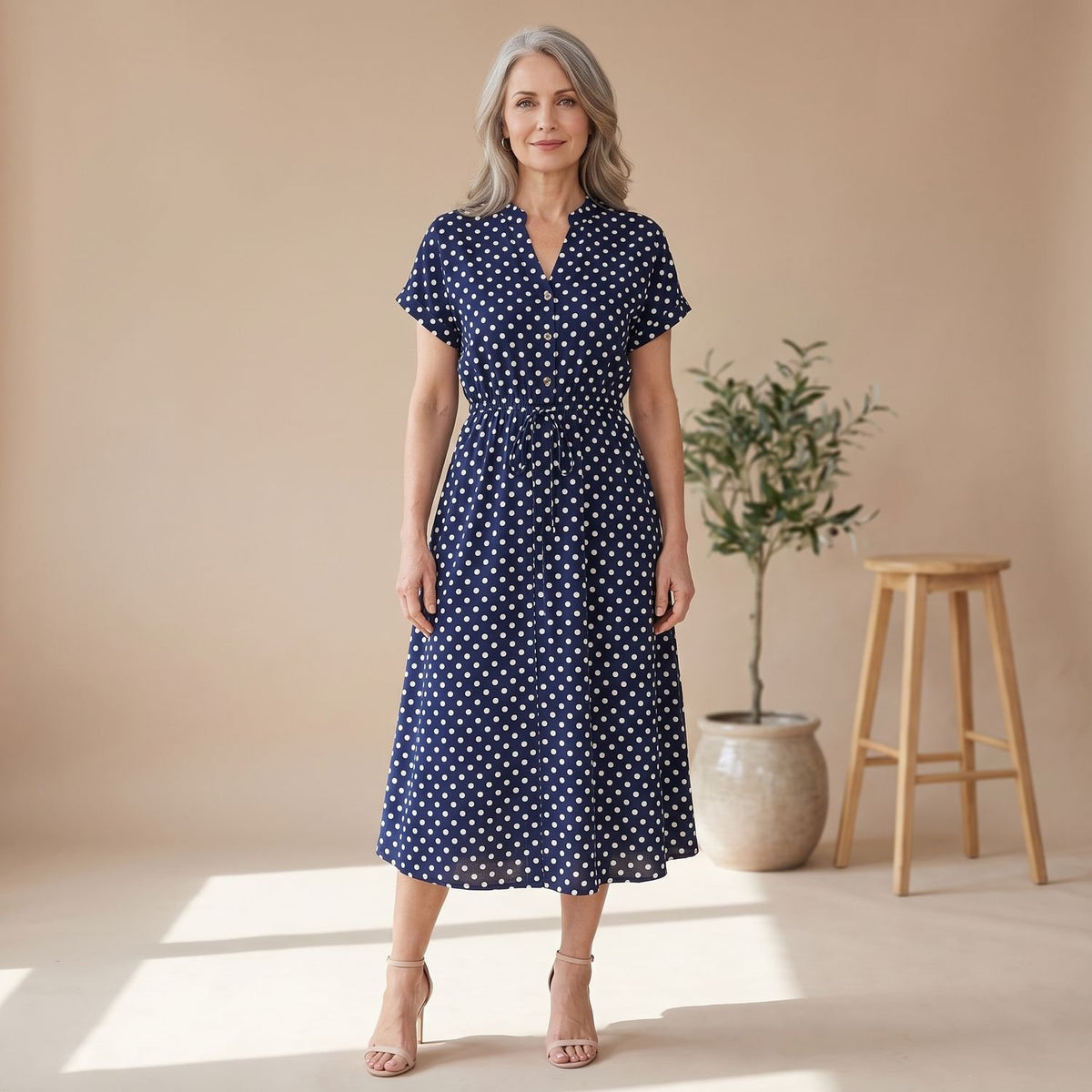 Women's Navy Polka Dot Midi Dress Short Sleeve Button V-Neck - Navy Blue