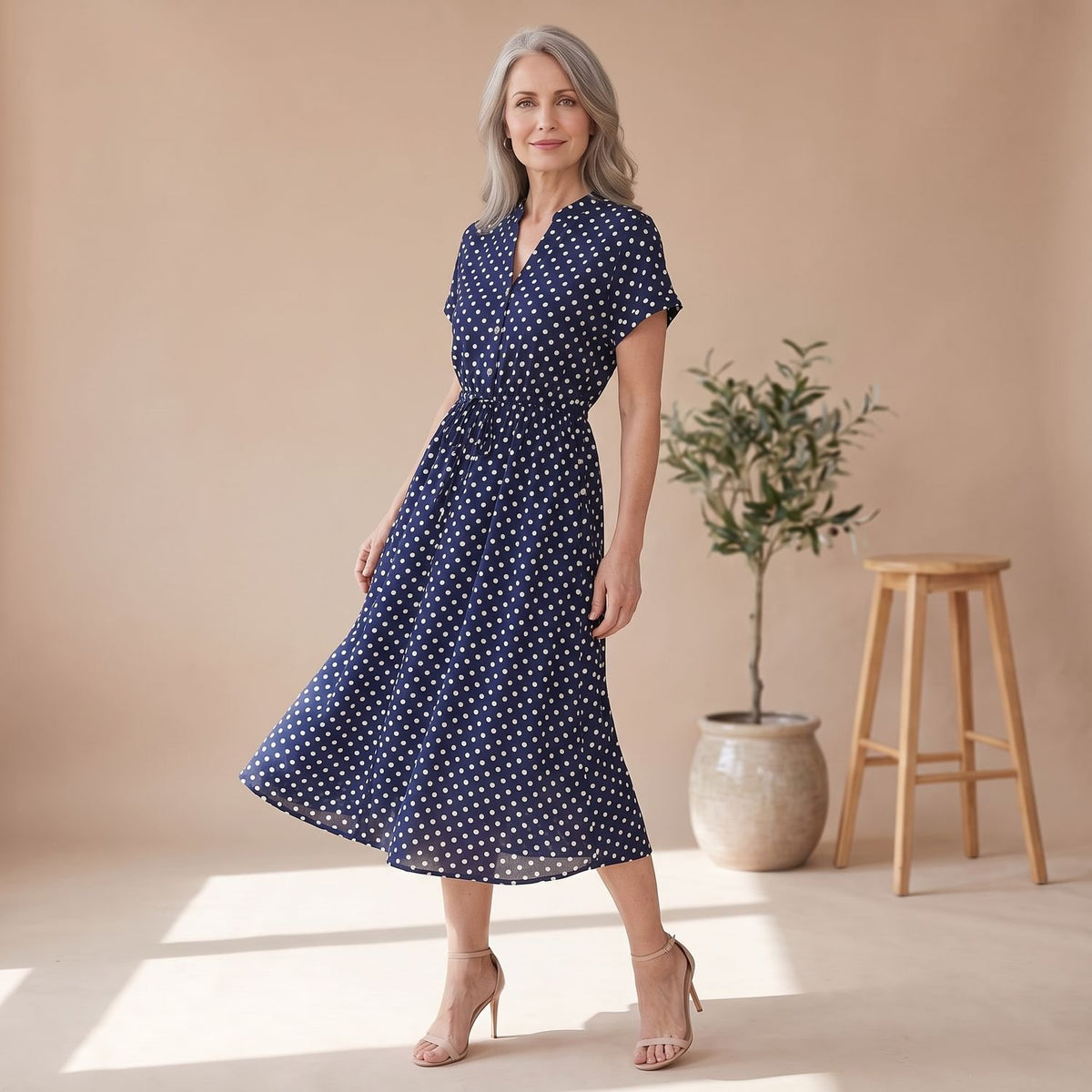 Women's Navy Polka Dot Midi Dress Short Sleeve Button V-Neck