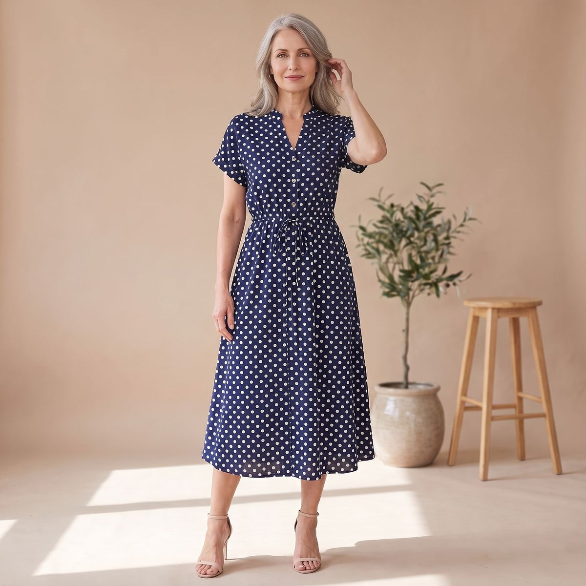 Women's Navy Polka Dot Midi Dress Short Sleeve Button V-Neck