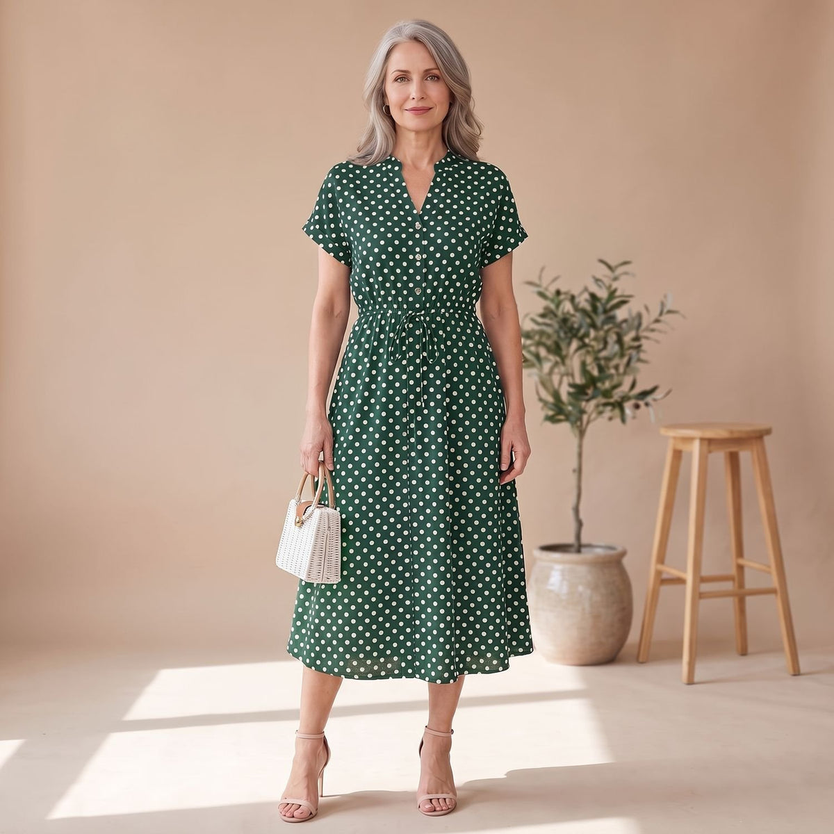 Women's Navy Polka Dot Midi Dress Short Sleeve Button V-Neck - Army Green