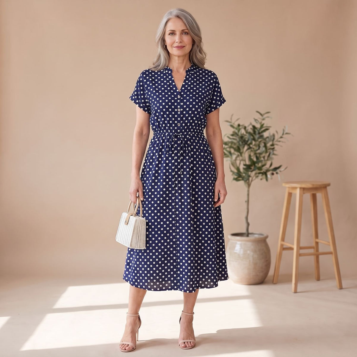 Women's Navy Polka Dot Midi Dress Short Sleeve Button V-Neck - Blue