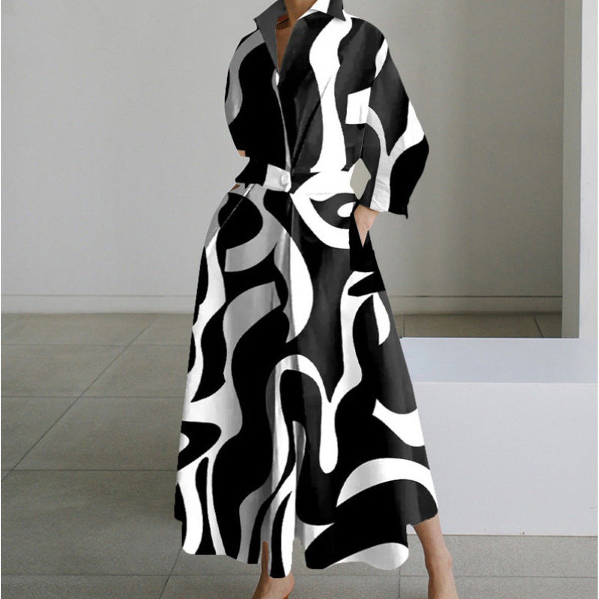 Women's Newspaper Print Collared Wrap Maxi Dress - Black Stripe