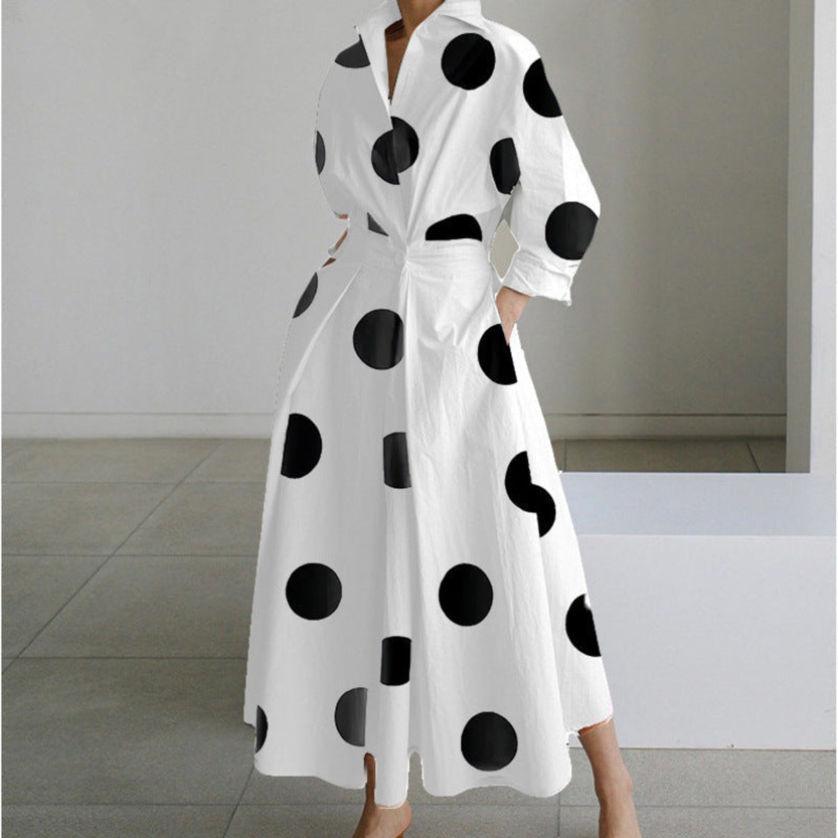 Women's Newspaper Print Collared Wrap Maxi Dress - White Polka Dot