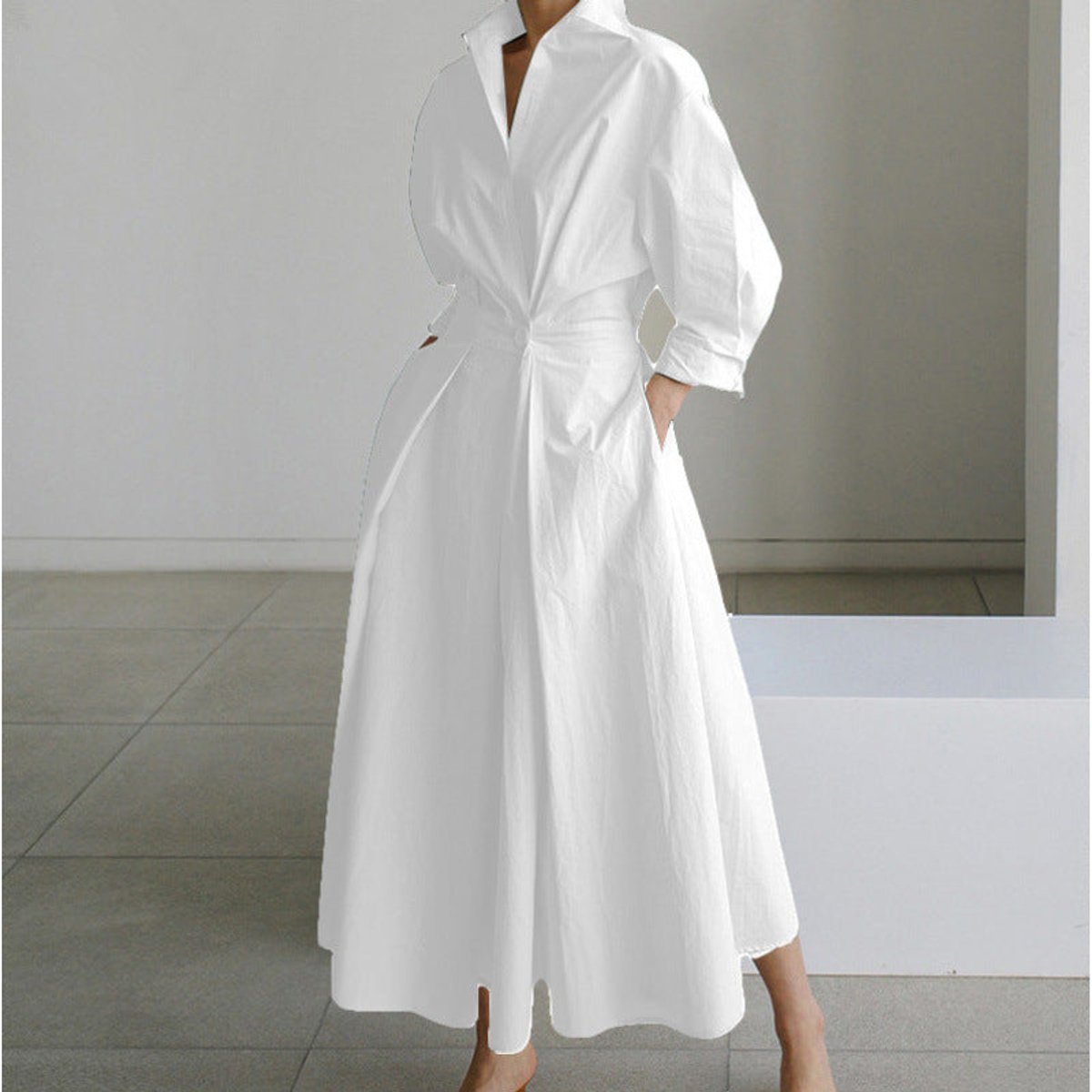 Women's Newspaper Print Collared Wrap Maxi Dress - White