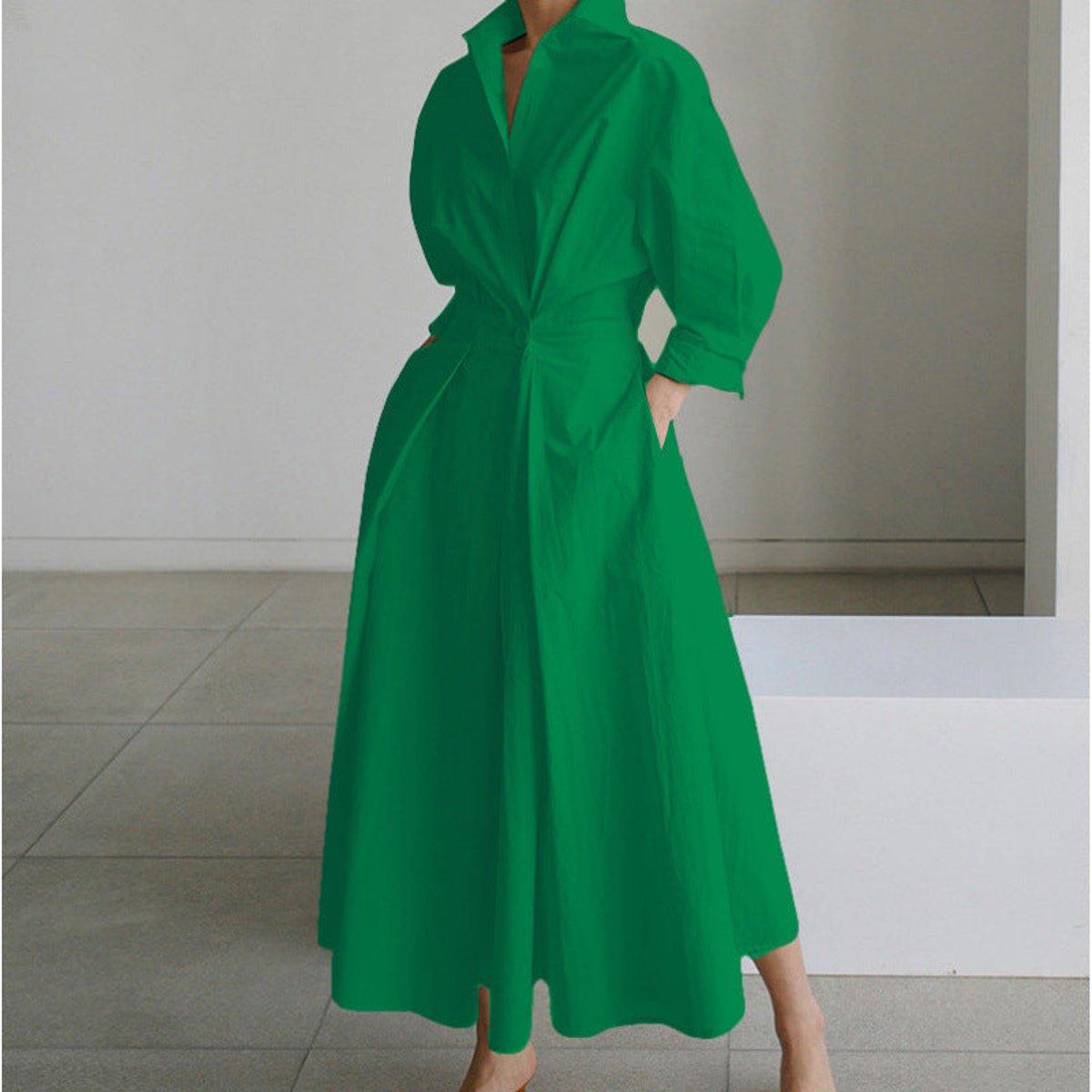 Women's Newspaper Print Collared Wrap Maxi Dress - Green