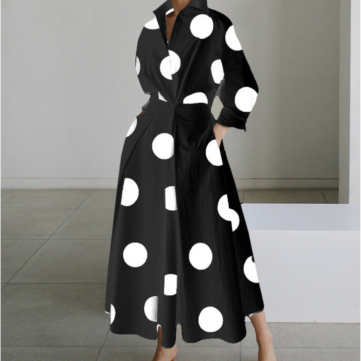 Women's Newspaper Print Collared Wrap Maxi Dress - Black Polka Dot