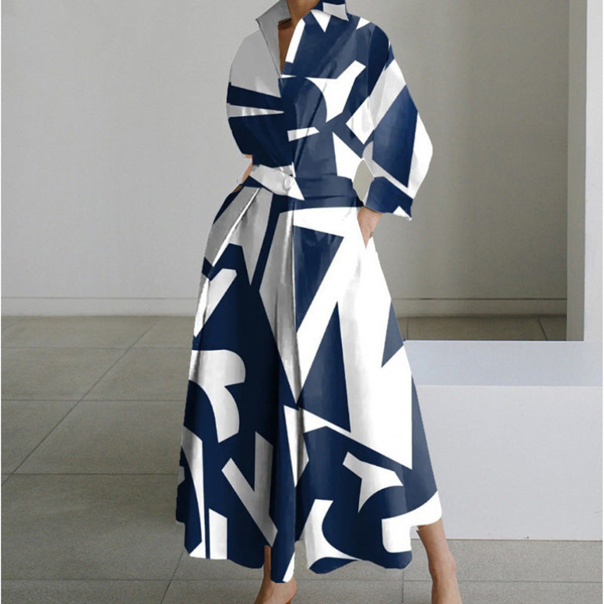 Women's Newspaper Print Collared Wrap Maxi Dress - Blue Stripe