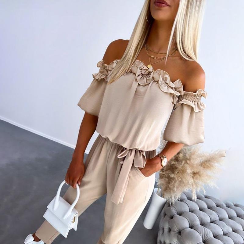 Women's Off-Shoulder Frill Tie-Waist Jumpsuit - Apricot