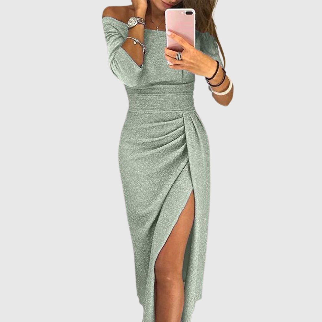 Women's Off-Shoulder Long-Sleeve Ruched Midi Dress