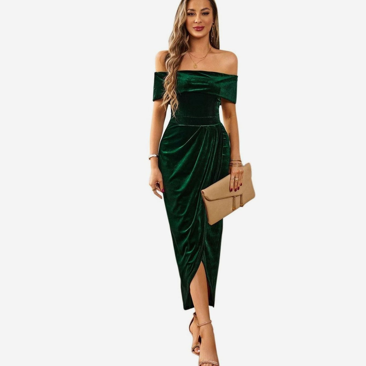 Women's Off-Shoulder Ruched Velvet Dress Midi Split Hem