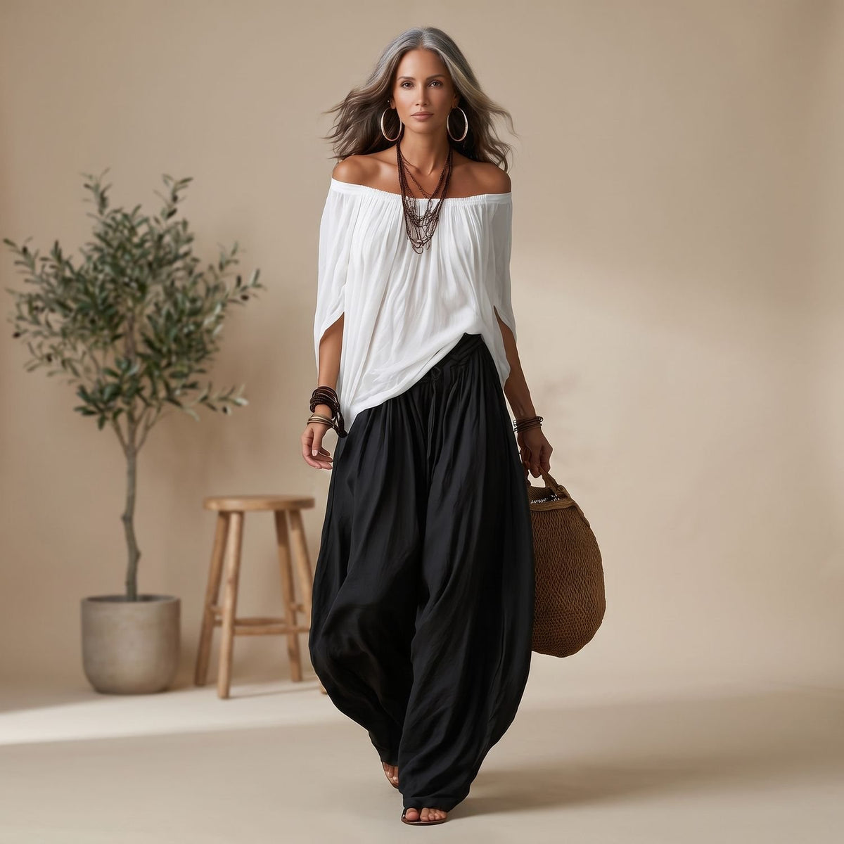 Women's Off-the-Shoulder Relaxed Rayon Blend Top and Lantern Trousers Co-ord Set - White