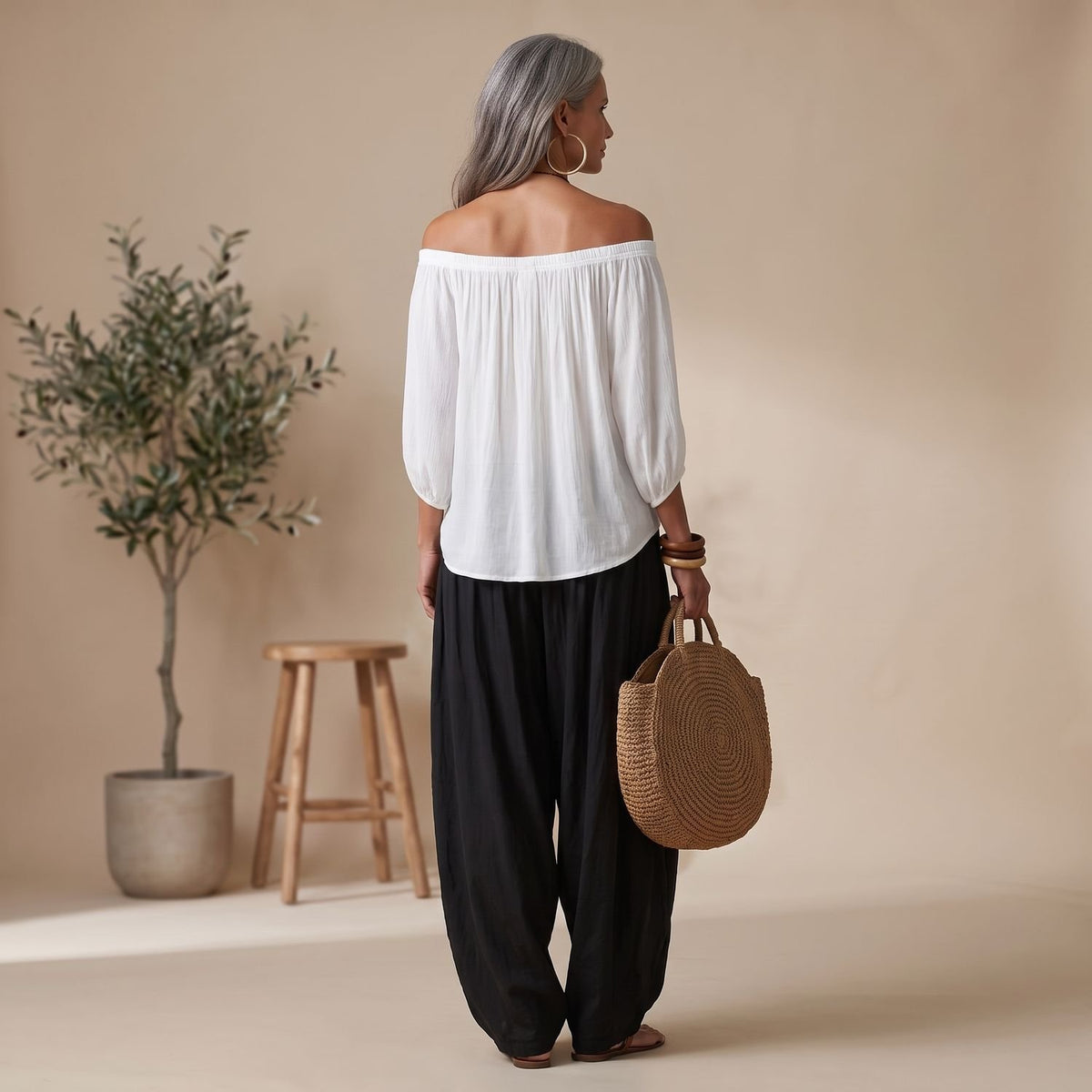 Women's Off-the-Shoulder Relaxed Rayon Blend Top and Lantern Trousers Co-ord Set