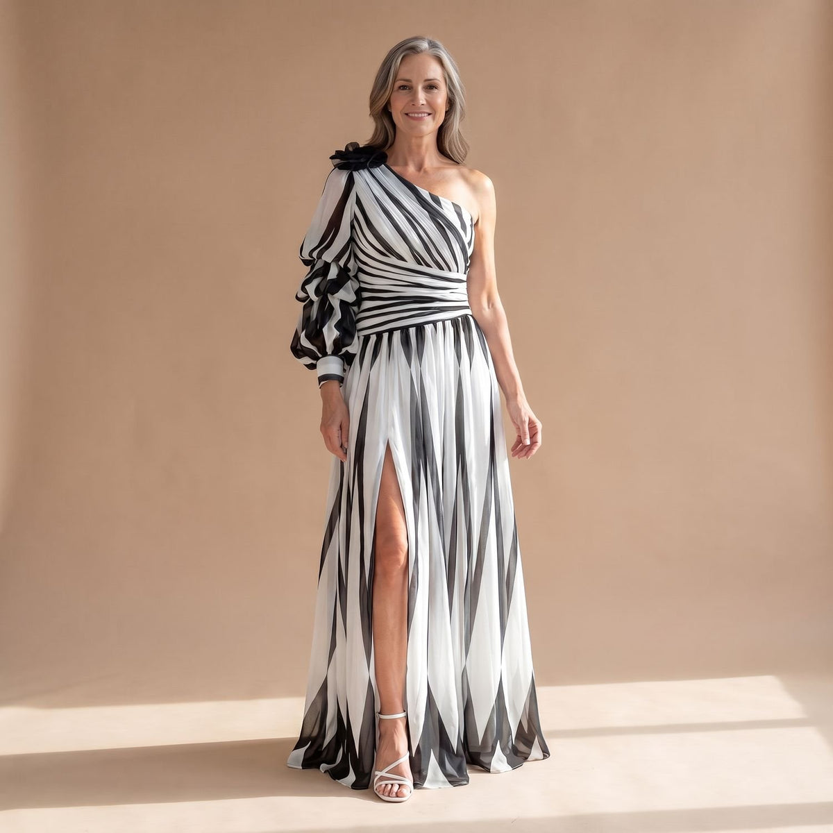 Women's One-Shoulder Black White Striped Maxi Dress - White