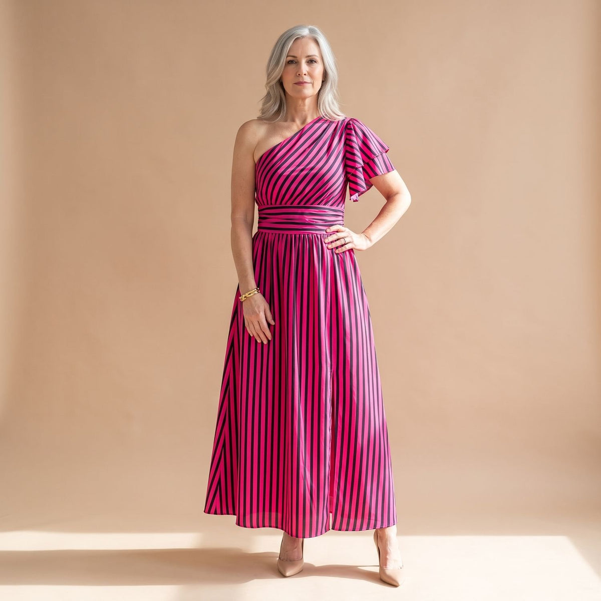 Women's One-Shoulder Black White Striped Maxi Dress - Pink Red
