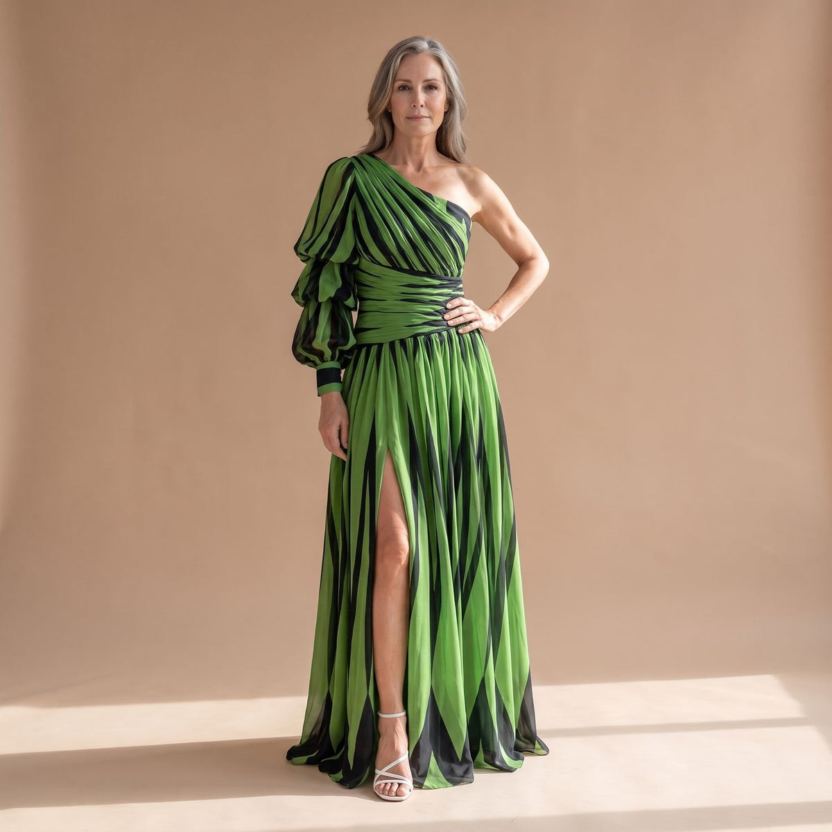 Women's One-Shoulder Black White Striped Maxi Dress - Green