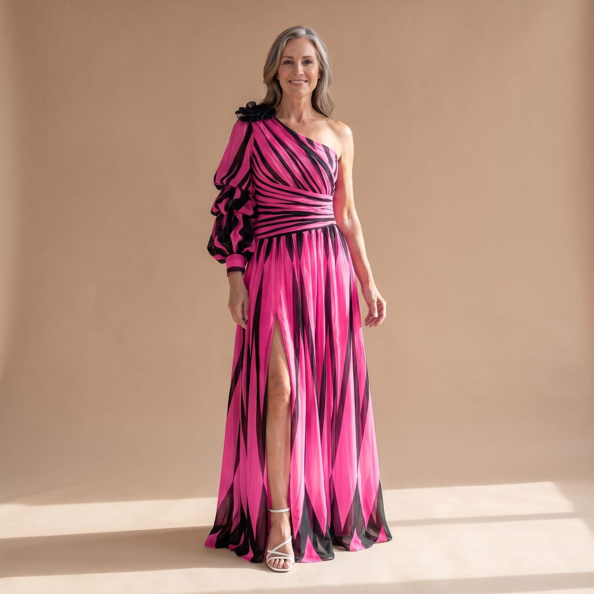 Women's One-Shoulder Black White Striped Maxi Dress