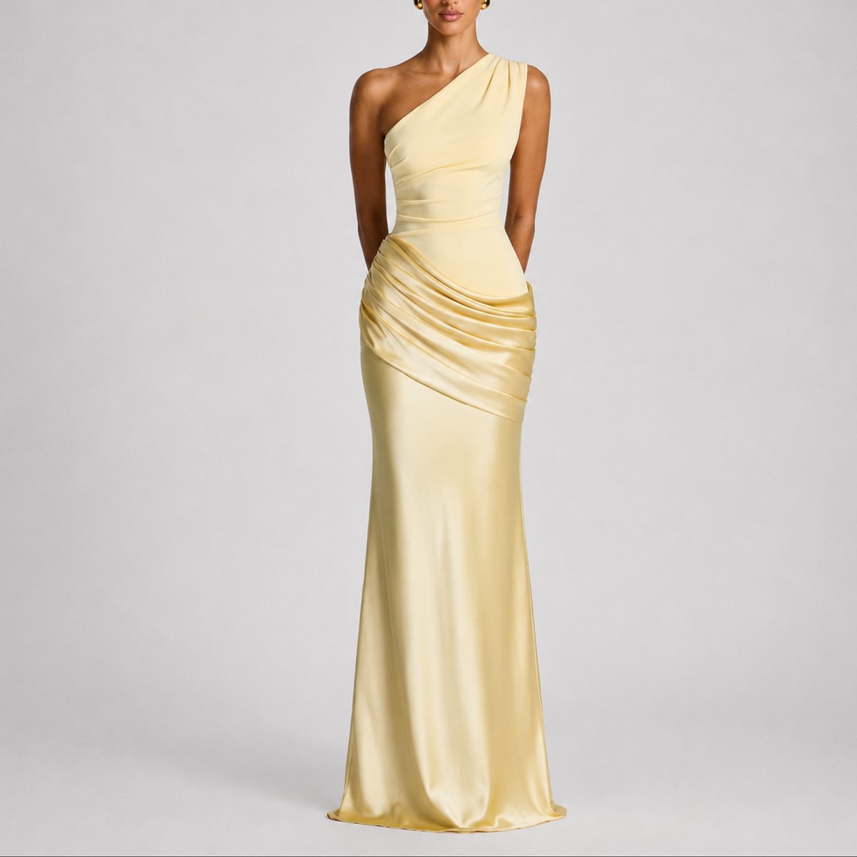 Women's One-Shoulder Draped Satin Maxi Dress - Yellow