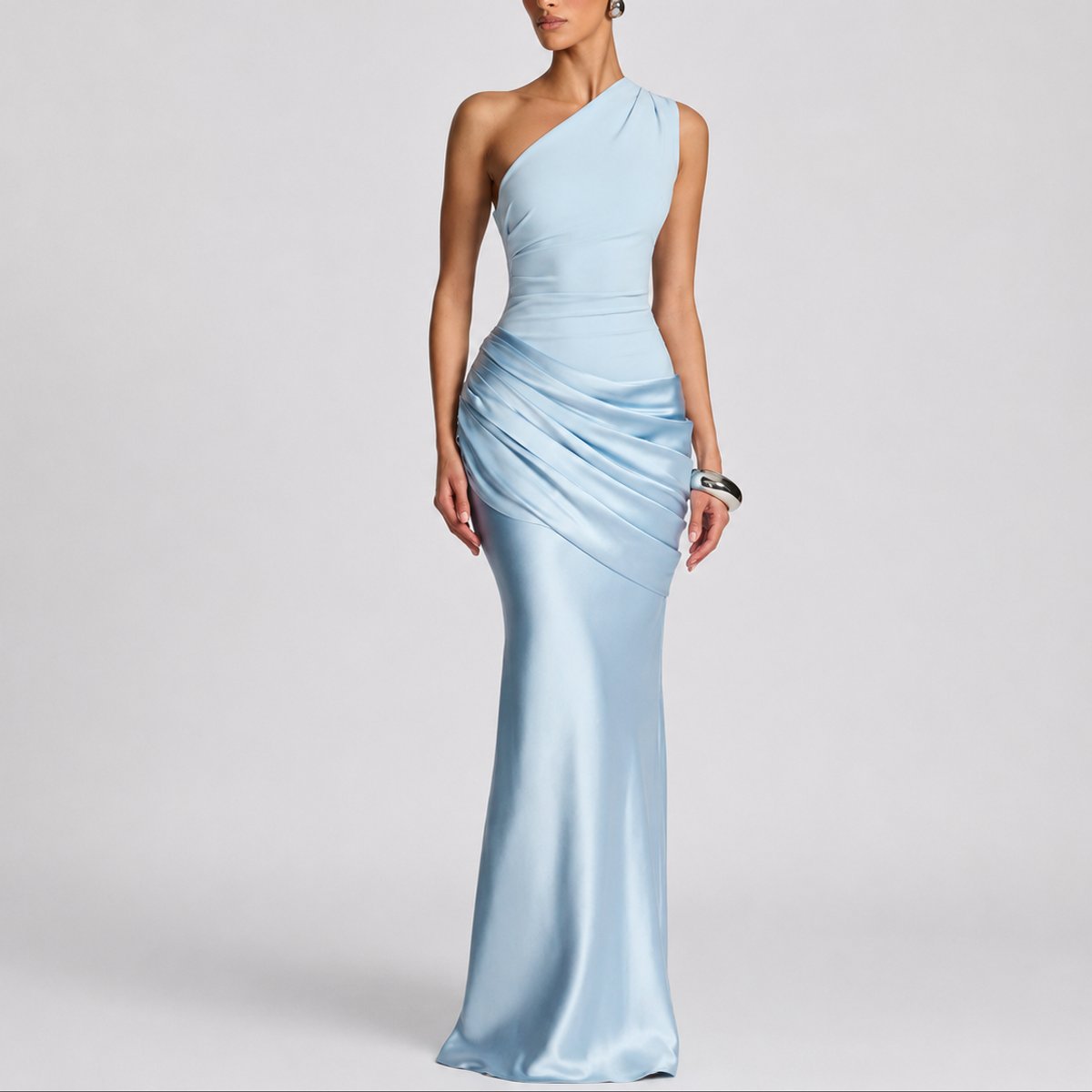 Women's One-Shoulder Draped Satin Maxi Dress - Light Blue