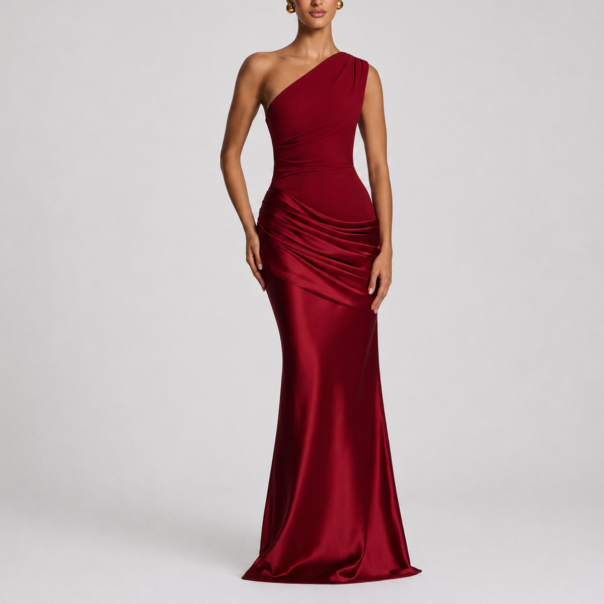 Women's One-Shoulder Draped Satin Maxi Dress
