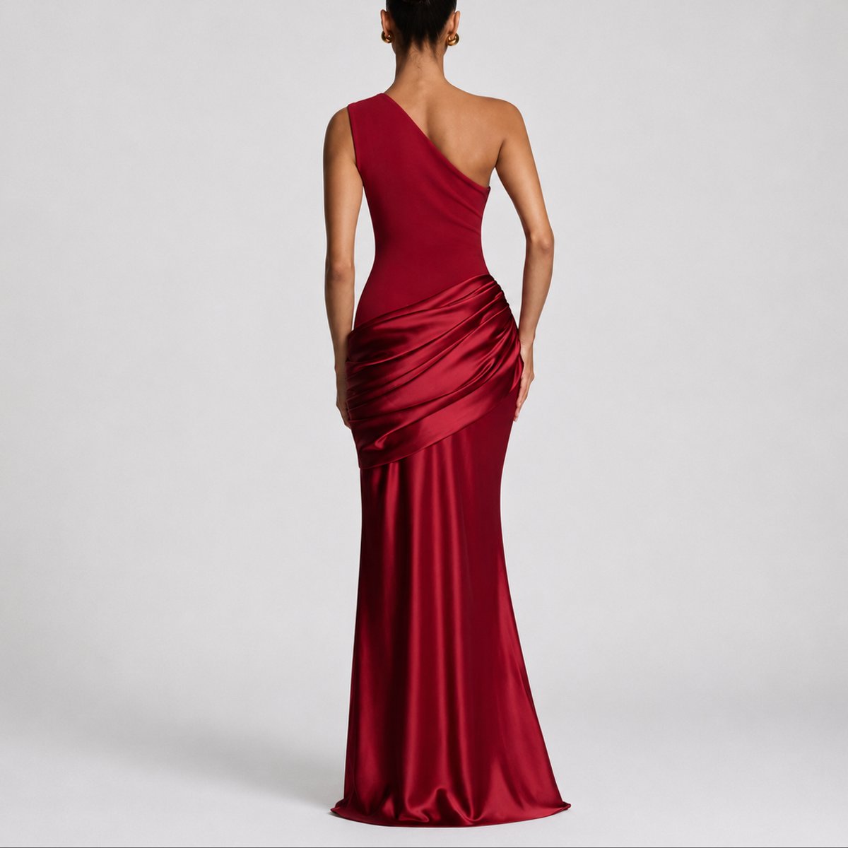 Women's One-Shoulder Draped Satin Maxi Dress