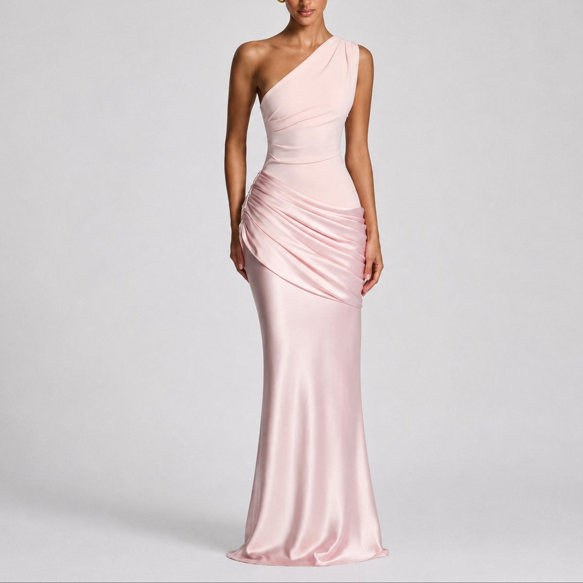 Women's One-Shoulder Draped Satin Maxi Dress - Pink