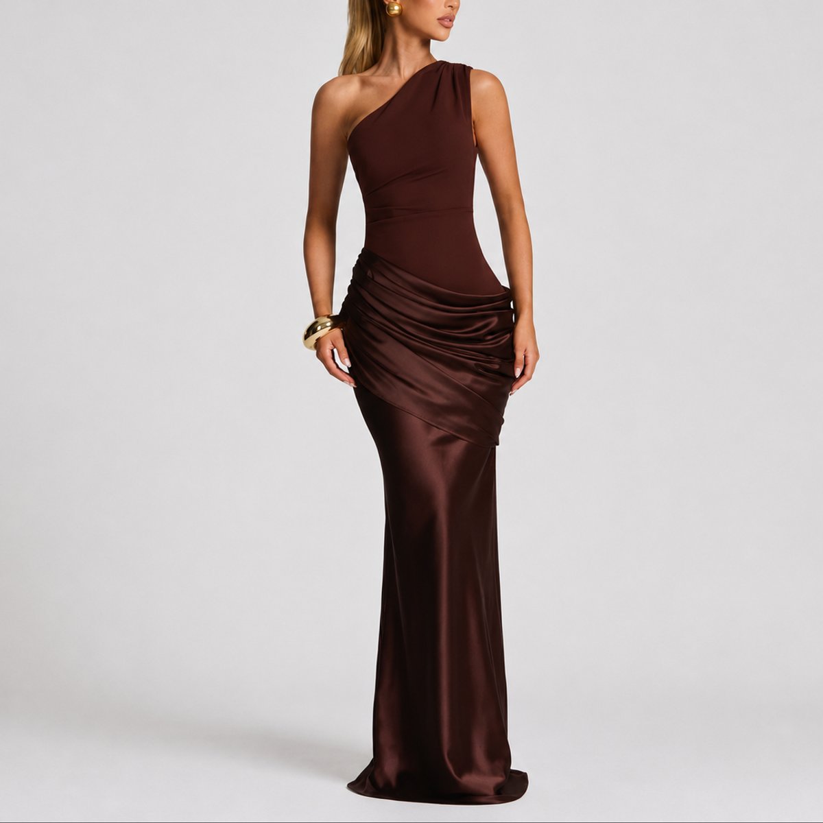 Women's One-Shoulder Draped Satin Maxi Dress - Brown