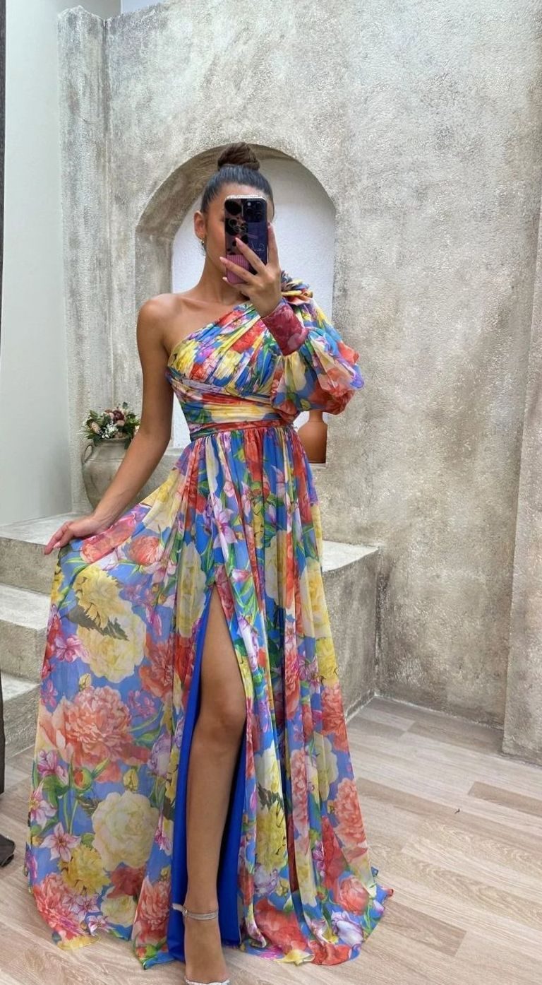 Women's One-Shoulder Floral Maxi Evening Dress with Slit - Rainbow