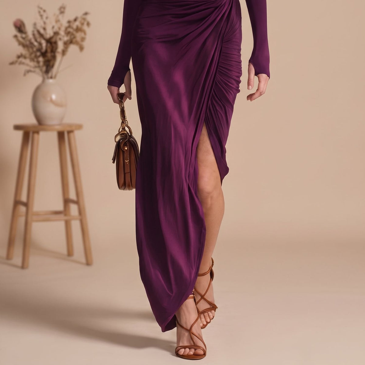 Women's One-Shoulder Long Sleeve Draped Maxi Dress Side Slit