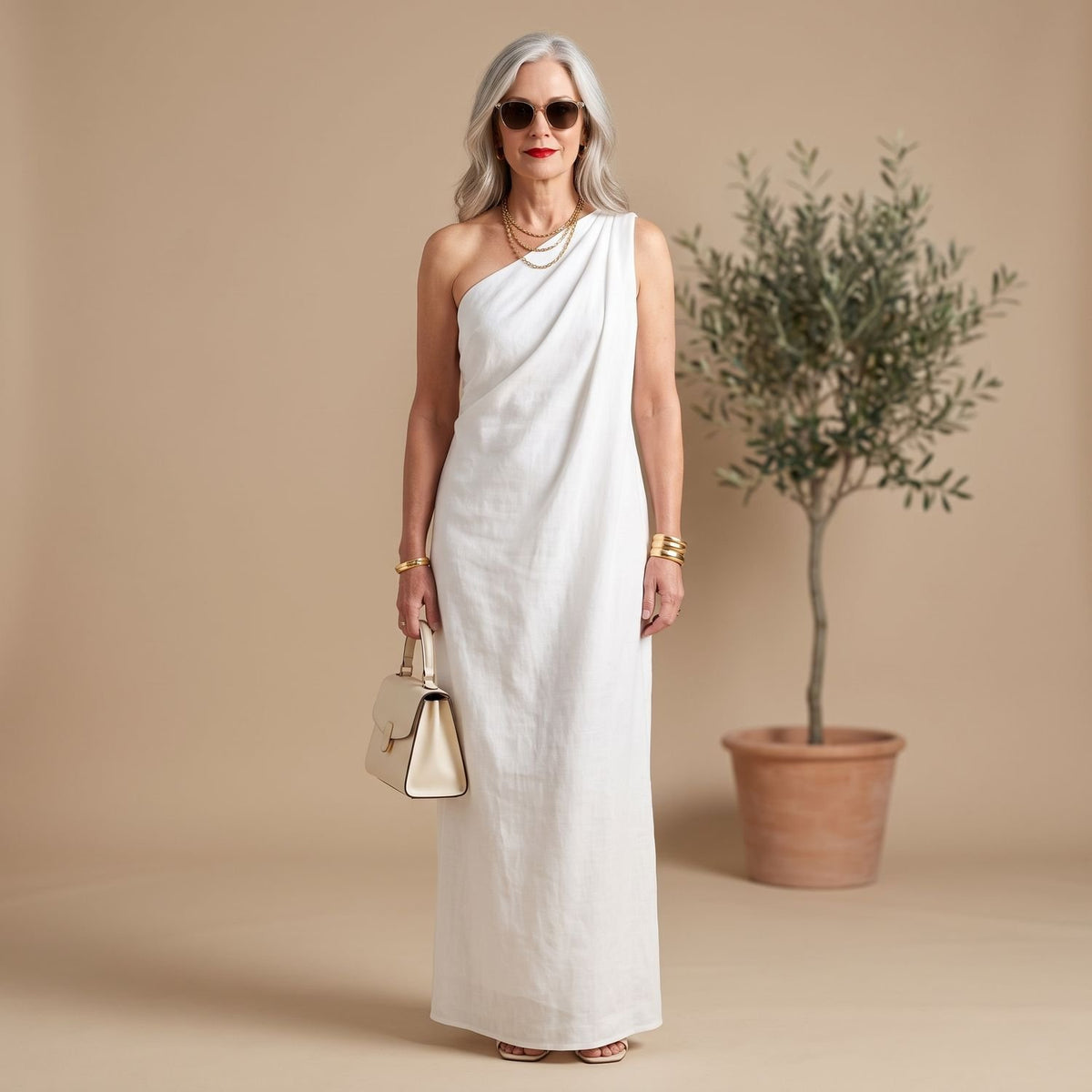 Women's One-Shoulder Long Sleeve Elegant Formal Maxi Dress