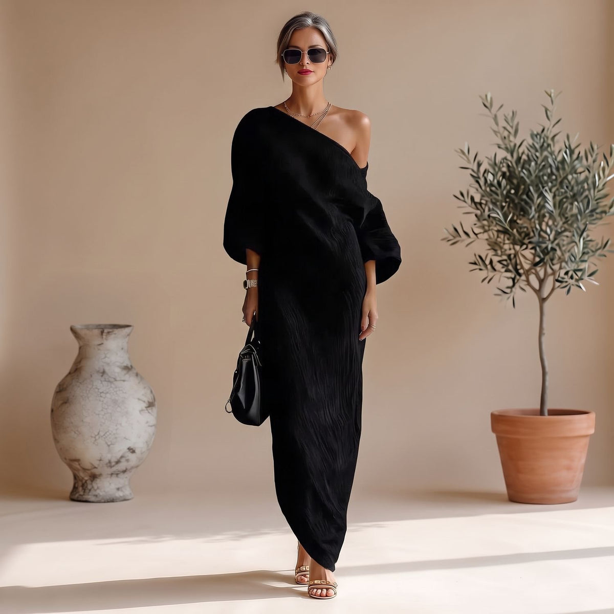 Women's One-Shoulder Long Sleeve Elegant Formal Maxi Dress - Black