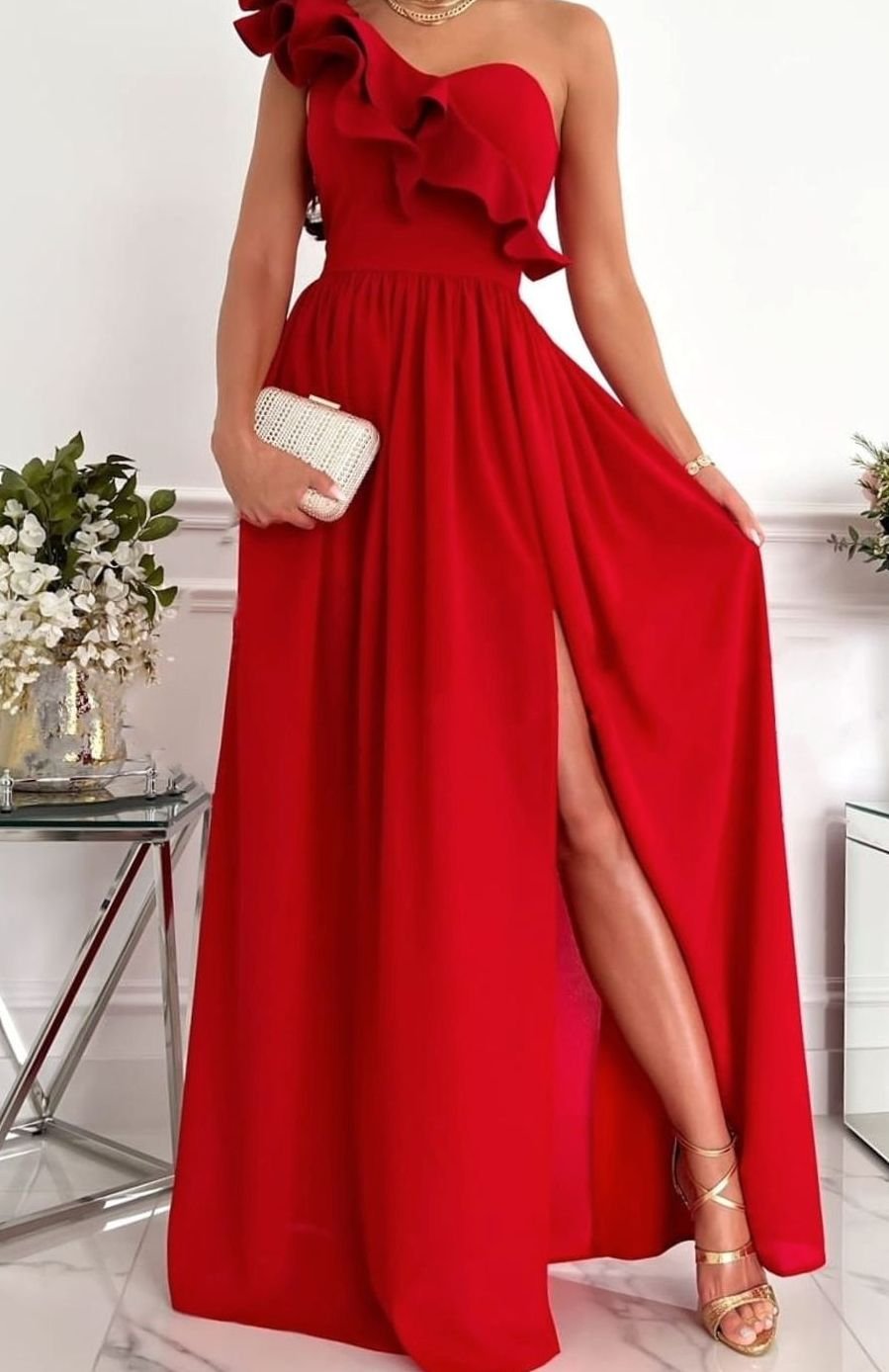 Women's One-Shoulder Ruffle Maxi Christmas Party Dress - Red