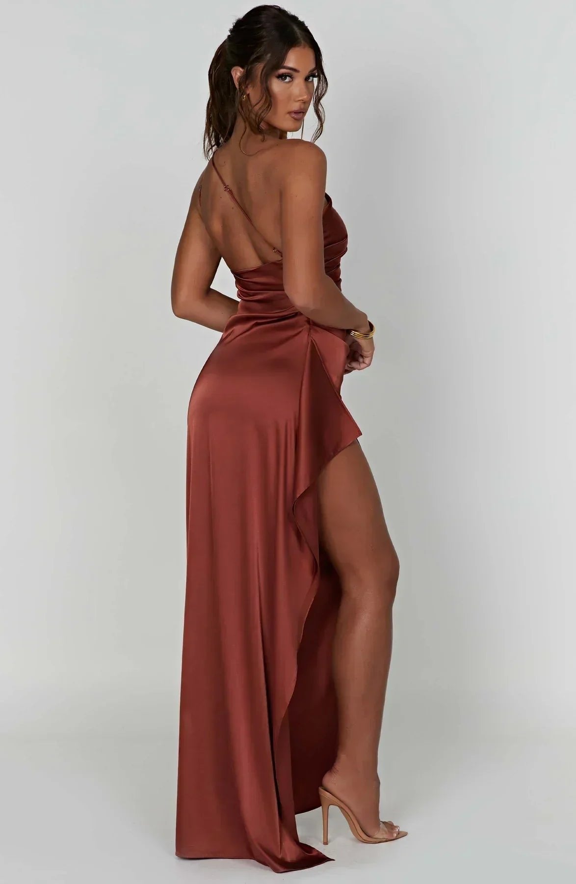 Women's One-Shoulder Satin Asymmetric High-Split Maxi Evening Dress