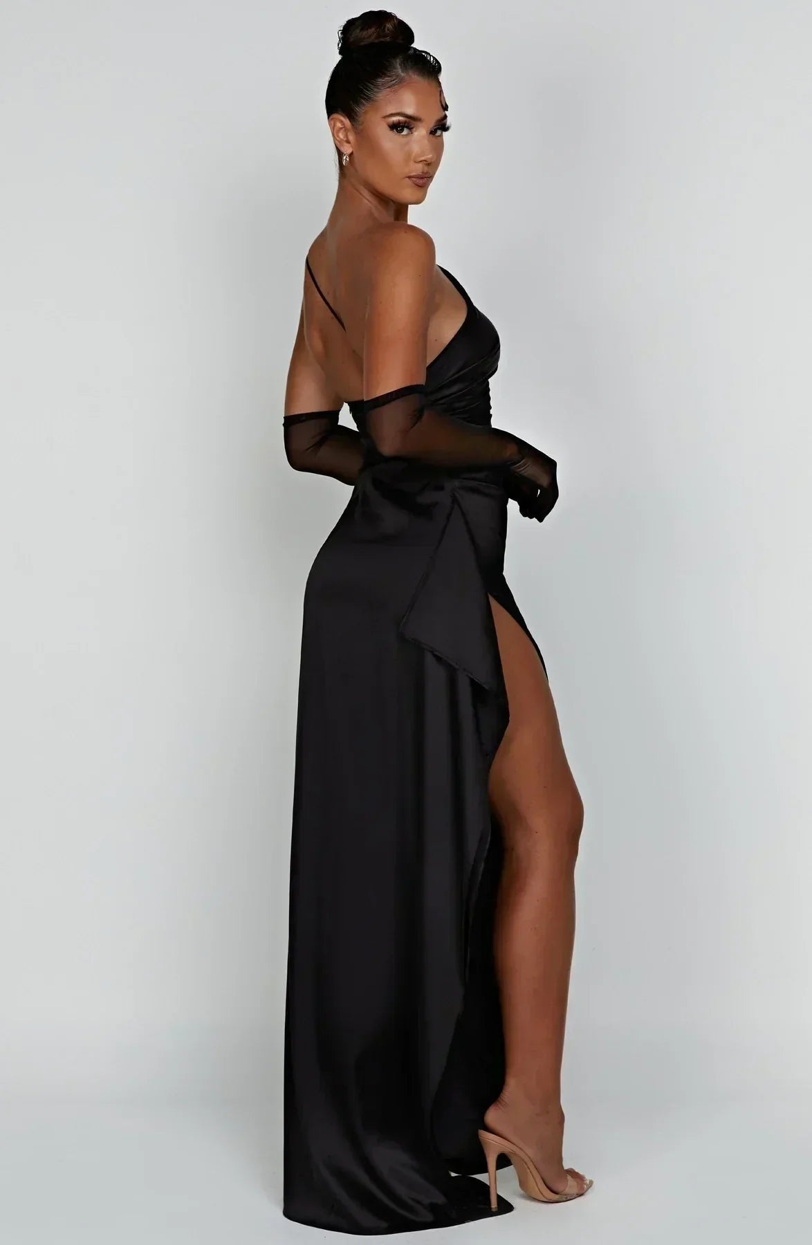 Women's One-Shoulder Satin Asymmetric High-Split Maxi Evening Dress