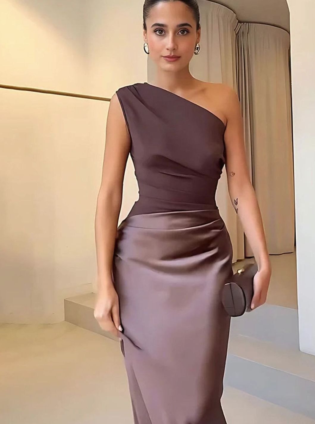 Women's One-Shoulder Satin Drape Maxi Dress