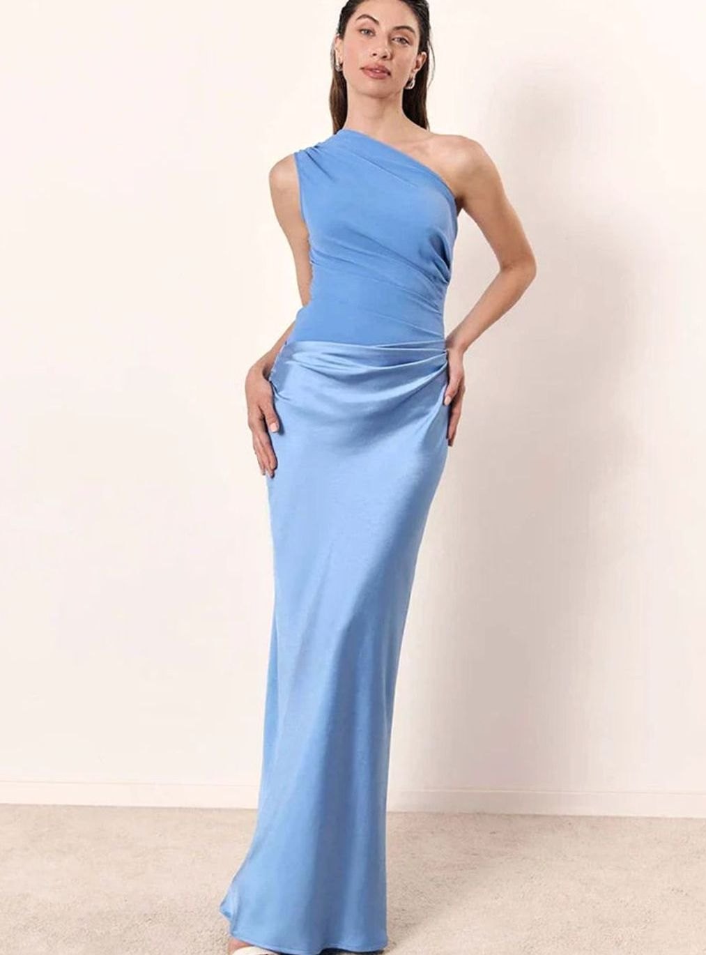 Women's One-Shoulder Satin Drape Maxi Dress