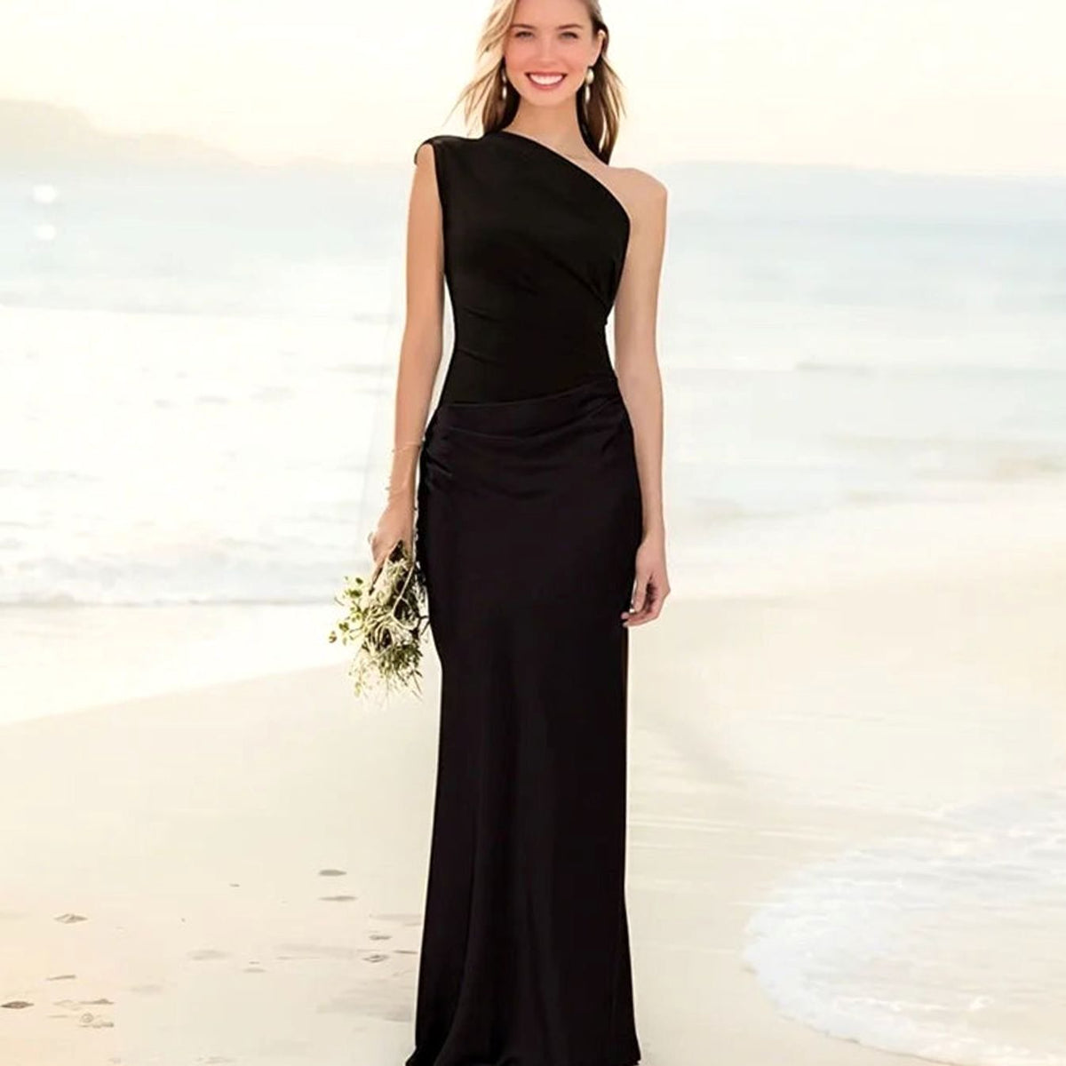 Women's One-Shoulder Satin Drape Maxi Dress - Black