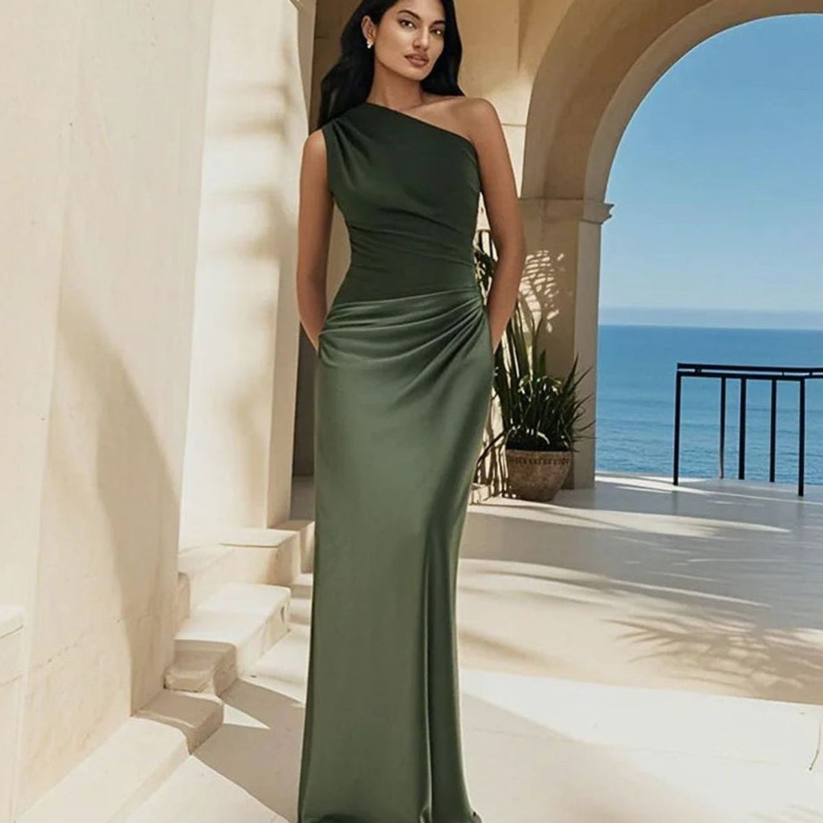 Women's One-Shoulder Satin Drape Maxi Dress - Green