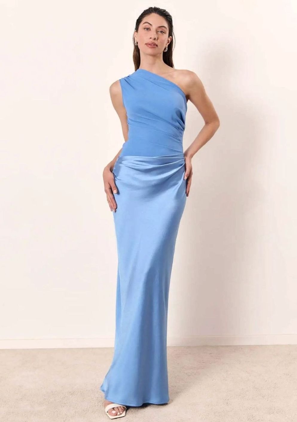 Women's One-Shoulder Satin Drape Maxi Dress - Blue