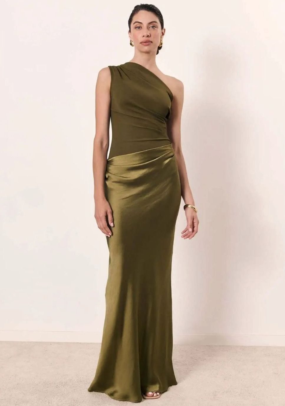 Women's One-Shoulder Satin Drape Maxi Dress - Olive Green