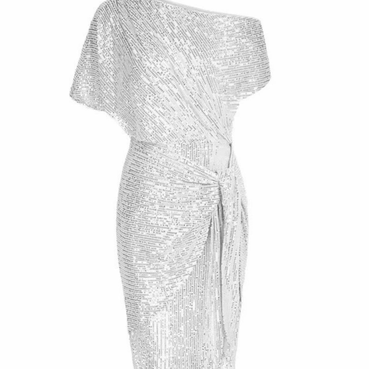 Women's One-Shoulder Sequin Midi Dress Twist Waist Detail - White