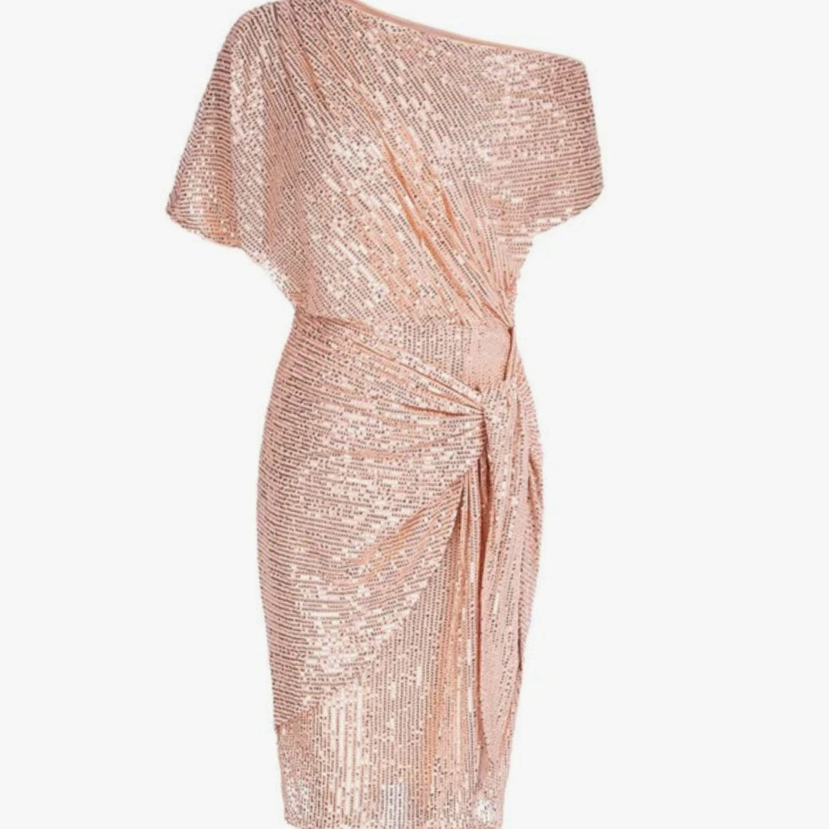 Women's One-Shoulder Sequin Midi Dress Twist Waist Detail - Light Pink