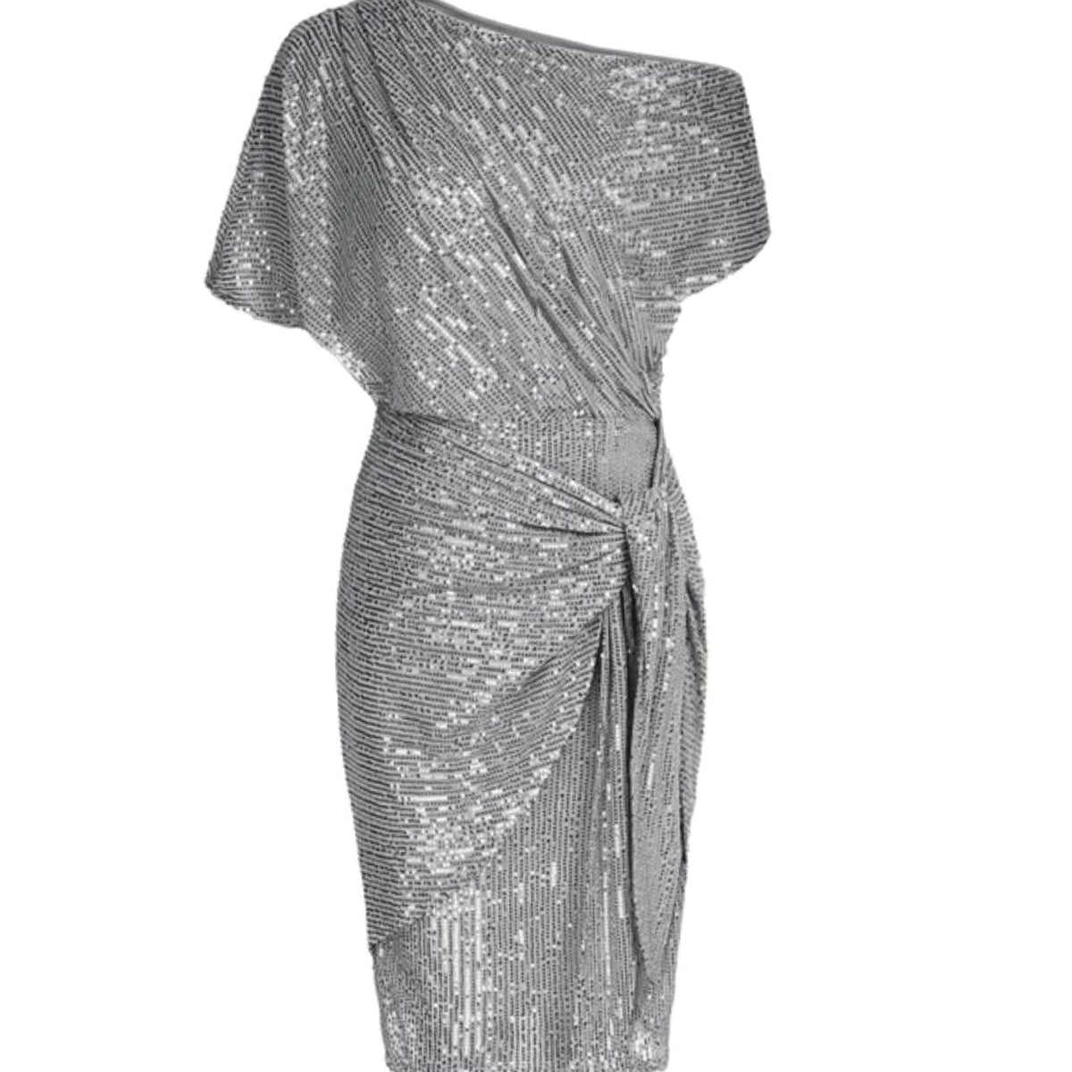 Women's One-Shoulder Sequin Midi Dress Twist Waist Detail - Light Grey